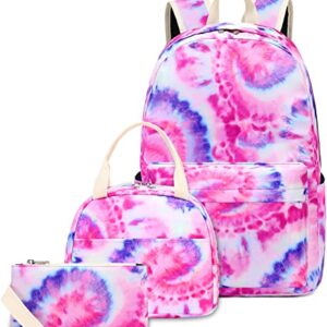 LEDAOU Backpack for Girls School Bag Kids Bookbag Teen Backpack Set Daypack with Lunch Bag and Pencil Case (Tie Dye Pink Purple)