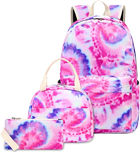 LEDAOU Backpack for Girls School Bag Kids Bookbag Teen Backpack Set Daypack with Lunch Bag and Pencil Case (Tie Dye Pink Purple)