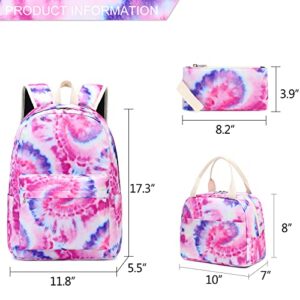 LEDAOU Backpack for Girls School Bag Kids Bookbag Teen Backpack Set Daypack with Lunch Bag and Pencil Case (Tie Dye Pink Purple)