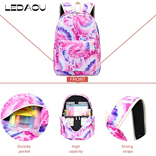 LEDAOU Backpack for Girls School Bag Kids Bookbag Teen Backpack Set Daypack with Lunch Bag and Pencil Case (Tie Dye Pink Purple)