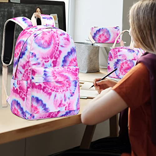 LEDAOU Backpack for Girls School Bag Kids Bookbag Teen Backpack Set Daypack with Lunch Bag and Pencil Case (Tie Dye Pink Purple)