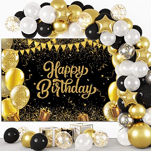 Rubfac Black and Gold Birthday Decorations Happy Birthday Backdrop with 120pcs Black and Gold Balloon Garland Kit Photo Backdrop Background for Birthday Party Decoration Supplies