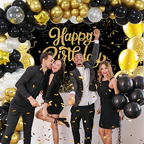 Rubfac Black and Gold Birthday Decorations Happy Birthday Backdrop with 120pcs Black and Gold Balloon Garland Kit Photo Backdrop Background for Birthday Party Decoration Supplies