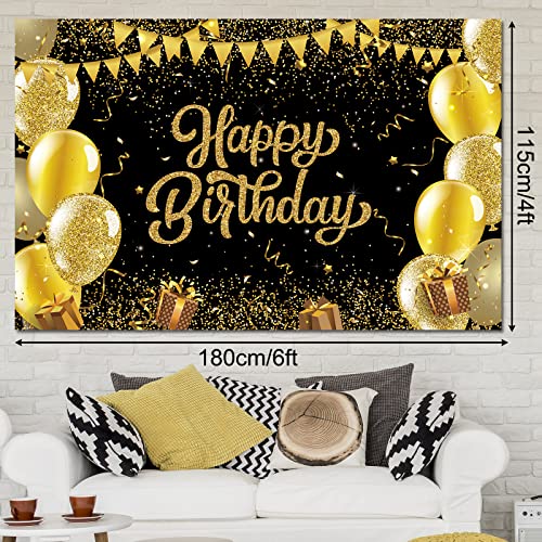 Rubfac Black and Gold Birthday Decorations Happy Birthday Backdrop with 120pcs Black and Gold Balloon Garland Kit Photo Backdrop Background for Birthday Party Decoration Supplies