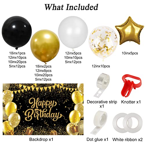 Rubfac Black and Gold Birthday Decorations Happy Birthday Backdrop with 120pcs Black and Gold Balloon Garland Kit Photo Backdrop Background for Birthday Party Decoration Supplies