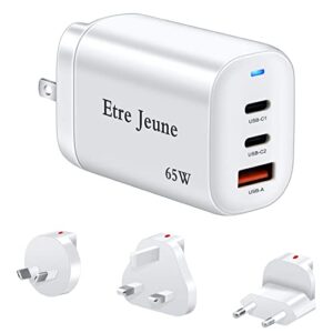 65w usb c charger, etre jeune 3-port gan charger pd & qc3.0 fast charger compact foldable wall charger compatible with mac book pro/air, ipad pro, world travel adapter kit us to uk, eu, au