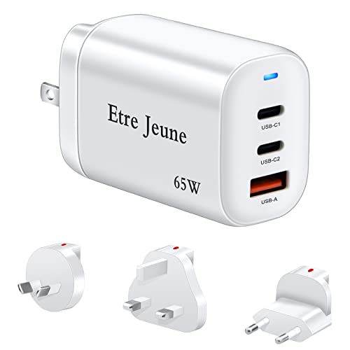 65W USB C Charger, Etre Jeune 3-Port GaN Charger PD & QC3.0 Fast Charger Compact Foldable Wall Charger Compatible with Mac Book Pro/Air, iPad Pro, World Travel Adapter Kit US to UK, EU, AU