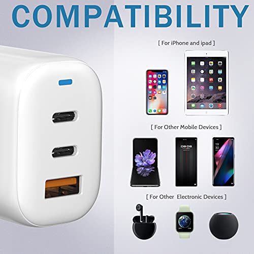 65W USB C Charger, Etre Jeune 3-Port GaN Charger PD & QC3.0 Fast Charger Compact Foldable Wall Charger Compatible with Mac Book Pro/Air, iPad Pro, World Travel Adapter Kit US to UK, EU, AU