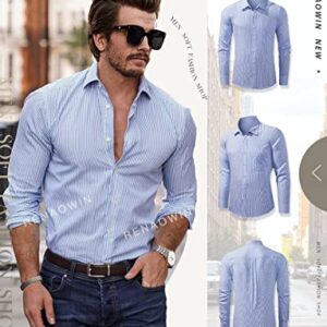 Renaowin Mens Dress Shirt with Front Pocket Regular Fit Pinpoint Stripe Button Down Long Sleeve Shirts US 40(M) Sky Blue