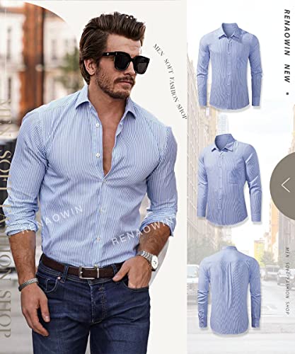 Renaowin Mens Dress Shirt with Front Pocket Regular Fit Pinpoint Stripe Button Down Long Sleeve Shirts US 40(M) Sky Blue