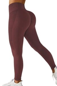 qinsen womens 4 way stretch yoga leggings seamless high waisted workout fitness pants wine l