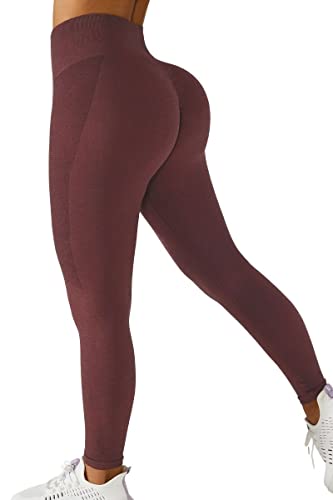 QINSEN Womens 4 Way Stretch Yoga Leggings Seamless High Waisted Workout Fitness Pants Wine L