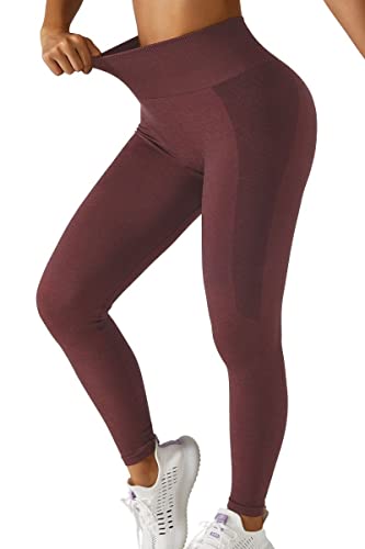 QINSEN Womens 4 Way Stretch Yoga Leggings Seamless High Waisted Workout Fitness Pants Wine L