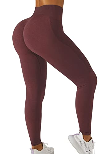 QINSEN Womens 4 Way Stretch Yoga Leggings Seamless High Waisted Workout Fitness Pants Wine L