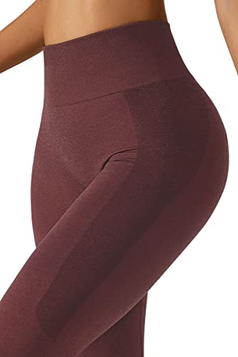 QINSEN Womens 4 Way Stretch Yoga Leggings Seamless High Waisted Workout Fitness Pants Wine L