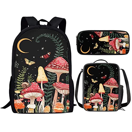 ZFRXIGN Mushroom Backpack Set with Lunch Box and Pencil Case Butterfly School Bag Moon Star Rucksack Casual Daypack Girls Knapsack Set of 3 Pack