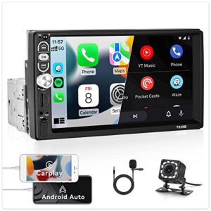 single din apple carplay car stereo android auto, 7”touch screen car radio with bluetooth fm radio ios/android mirror link tf/usb/aux input 1 din head unit receiver+ backup camera + mic