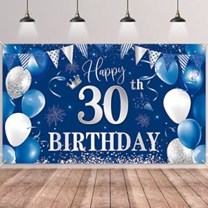30th birthday banner backdrop,btzo happy 30th birthday decorations,blue silver fabric photo backdrop background for men and women 30th birthday party,70.8 x 43.3inch