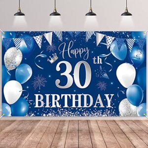 30th Birthday Banner Backdrop,BTZO Happy 30th Birthday Decorations,Blue Silver Fabric Photo Backdrop Background for Men and Women 30th Birthday Party,70.8 x 43.3Inch