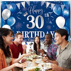 30th Birthday Banner Backdrop,BTZO Happy 30th Birthday Decorations,Blue Silver Fabric Photo Backdrop Background for Men and Women 30th Birthday Party,70.8 x 43.3Inch