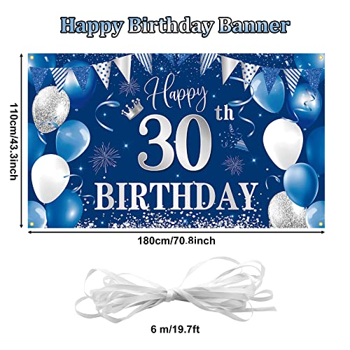 30th Birthday Banner Backdrop,BTZO Happy 30th Birthday Decorations,Blue Silver Fabric Photo Backdrop Background for Men and Women 30th Birthday Party,70.8 x 43.3Inch