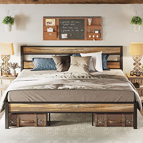 LIKIMIO King Bed Frame and Headboard, Easy Assembly, Noise-Free, No Box Spring Needed, Heavy Strong Metal Support Frames, Double-Row Support Bars, Rustic Brown