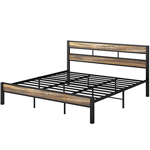 LIKIMIO King Bed Frame and Headboard, Easy Assembly, Noise-Free, No Box Spring Needed, Heavy Strong Metal Support Frames, Double-Row Support Bars, Rustic Brown