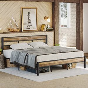 LIKIMIO King Bed Frame and Headboard, Easy Assembly, Noise-Free, No Box Spring Needed, Heavy Strong Metal Support Frames, Double-Row Support Bars, Rustic Brown