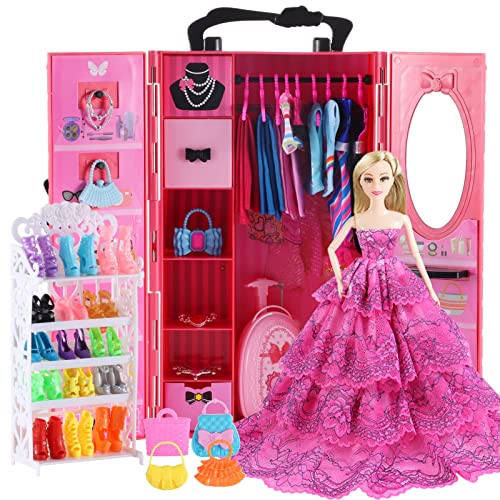 106Pcs Doll Clothes and Accessories Closet Wardrobe Playset for 11.5 Inch Girl Dolls Including Wardrobe, Shoes Rack ,Suitcase, Clothes, Dresses, Swimsuits, Shoes Hangers, Necklace ,Bags