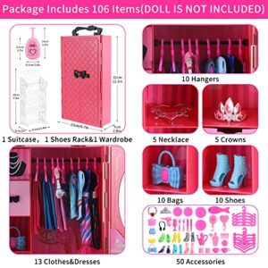 106Pcs Doll Clothes and Accessories Closet Wardrobe Playset for 11.5 Inch Girl Dolls Including Wardrobe, Shoes Rack ,Suitcase, Clothes, Dresses, Swimsuits, Shoes Hangers, Necklace ,Bags