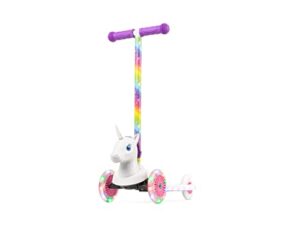 dimensions unicorn kick scooter for kids, self-balancing 3 wheeled light up scooter with extra wide anti-slip deck, rear brake, lean to steer, lightweight design, for kids 3 and up, 75 lb limit
