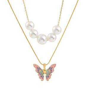 foaume 2 pack colorful butterfly pearl necklaces ladies layered necklaces sweater chains barbie princess necklace(gold)