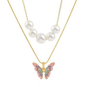 FOAUME 2 Pack Colorful Butterfly Pearl Necklaces Ladies Layered Necklaces Sweater Chains Barbie Princess Necklace(Gold)