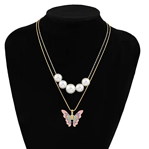 FOAUME 2 Pack Colorful Butterfly Pearl Necklaces Ladies Layered Necklaces Sweater Chains Barbie Princess Necklace(Gold)