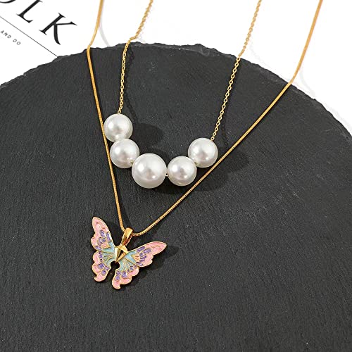 FOAUME 2 Pack Colorful Butterfly Pearl Necklaces Ladies Layered Necklaces Sweater Chains Barbie Princess Necklace(Gold)