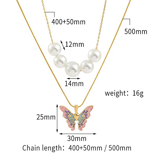 FOAUME 2 Pack Colorful Butterfly Pearl Necklaces Ladies Layered Necklaces Sweater Chains Barbie Princess Necklace(Gold)