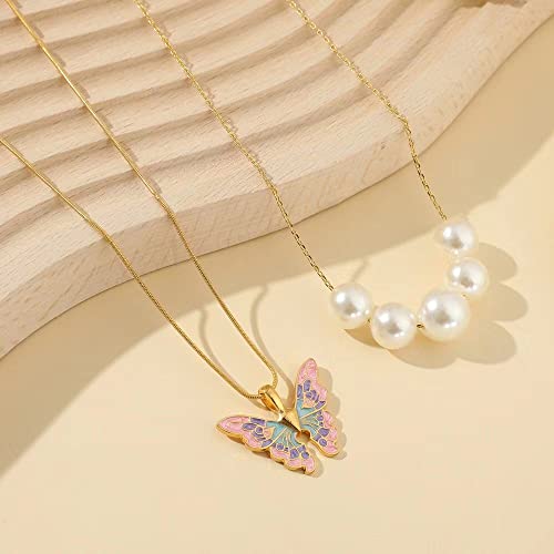 FOAUME 2 Pack Colorful Butterfly Pearl Necklaces Ladies Layered Necklaces Sweater Chains Barbie Princess Necklace(Gold)