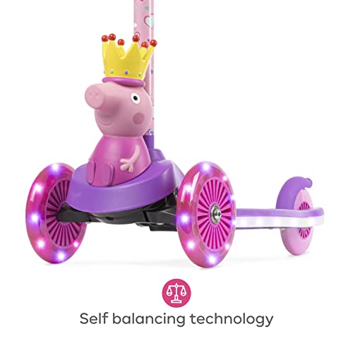 Peppa Pig Kick Scooter for Kids, Self-Balancing 3 Wheeled Light Up Scooter with Extra Wide Anti-Slip Deck, Rear Brake, Lean to Steer, Lightweight Design, for Kids 3 and up, 75 LB Limit