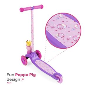 Peppa Pig Kick Scooter for Kids, Self-Balancing 3 Wheeled Light Up Scooter with Extra Wide Anti-Slip Deck, Rear Brake, Lean to Steer, Lightweight Design, for Kids 3 and up, 75 LB Limit