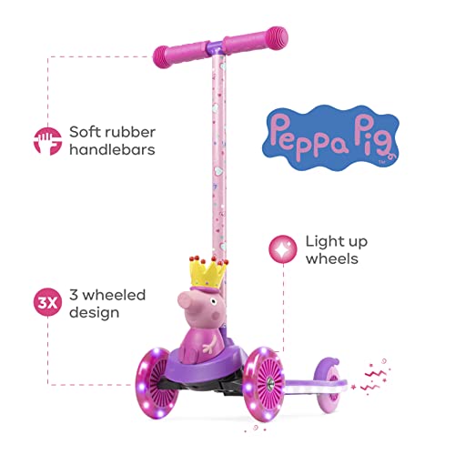 Peppa Pig Kick Scooter for Kids, Self-Balancing 3 Wheeled Light Up Scooter with Extra Wide Anti-Slip Deck, Rear Brake, Lean to Steer, Lightweight Design, for Kids 3 and up, 75 LB Limit