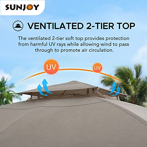 Sunjoy 11 ft. x 13 ft. Gazebo with Sunbrella Shade Fabric Canopy Roof, Outdoor Patio Steel Frame 2-Tier Soft Top Gazebo with All Aluminum Posts,5 Years Non-Fading