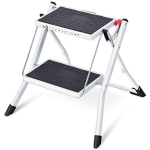 toolf step ladder, double side folding step stool, 2 step portable ladder with handdle, large platform,slim household stepladder with milti-fuction white
