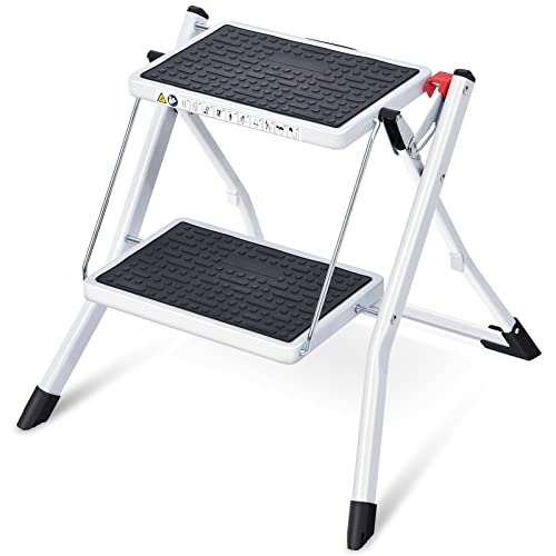 TOOLF Step Ladder, Double Side Folding Step Stool, 2 Step Portable Ladder with handdle, Large Platform,Slim Household Stepladder with Milti-fuction White