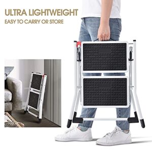 TOOLF Step Ladder, Double Side Folding Step Stool, 2 Step Portable Ladder with handdle, Large Platform,Slim Household Stepladder with Milti-fuction White