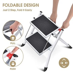 TOOLF Step Ladder, Double Side Folding Step Stool, 2 Step Portable Ladder with handdle, Large Platform,Slim Household Stepladder with Milti-fuction White