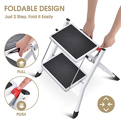 TOOLF Step Ladder, Double Side Folding Step Stool, 2 Step Portable Ladder with handdle, Large Platform,Slim Household Stepladder with Milti-fuction White