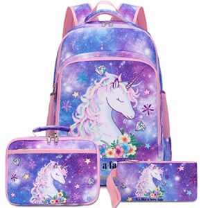 btoop girls backpack kids elementary bookbag girly school bag with insulated lunch tote and pencil pouch (galaxy- purpel blue)