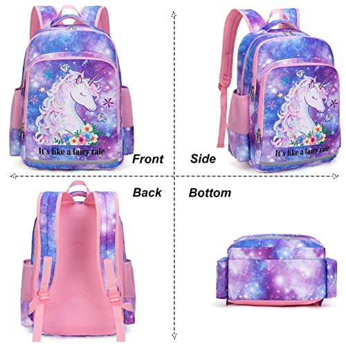 BTOOP Girls Backpack Kids Elementary Bookbag Girly School Bag with Insulated Lunch Tote and Pencil Pouch (Galaxy- Purpel Blue)