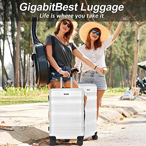 GigabitBest Luggage Sets Clearance Spinner Wheels Suitcase 3 Piece Set PC+ABS with TSA Lock Carry on Hardshell Lightweight 20in 24in 28in, White