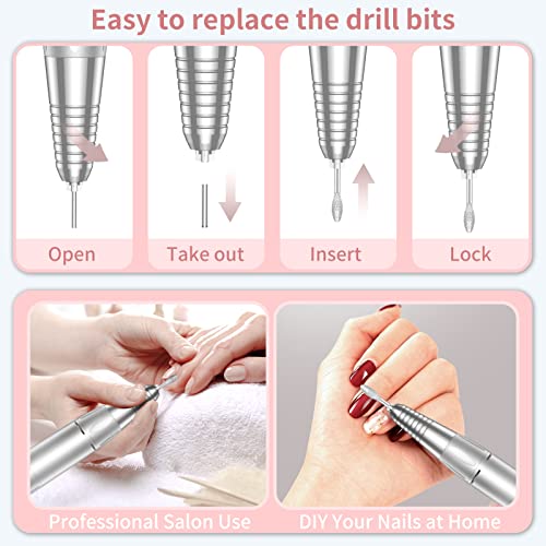 Portable Nail Drill Professional 35000 RPM, Rechargeable Electric Nail File Machine E File for Acrylic Nails Gel Polishing Removing, Cordless Efile with Bits Kit for Manicure Salon Home, Pink